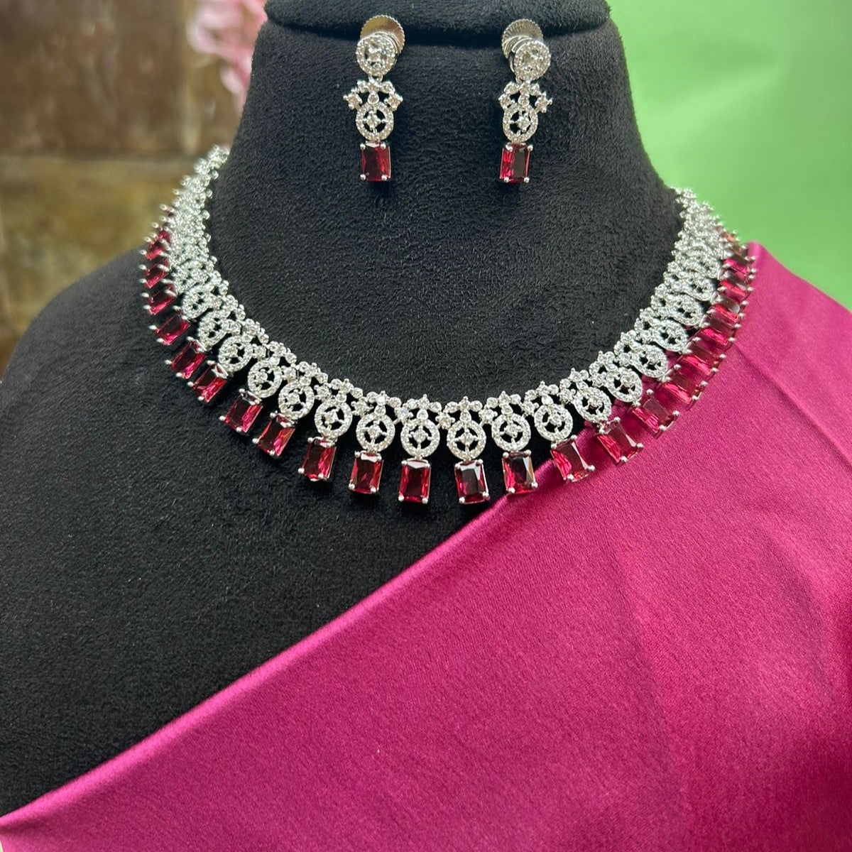Mila CZ Red Designer Necklace Set