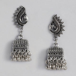 Silver-Plated Oxidised Contemporary Jhumkas Earrings