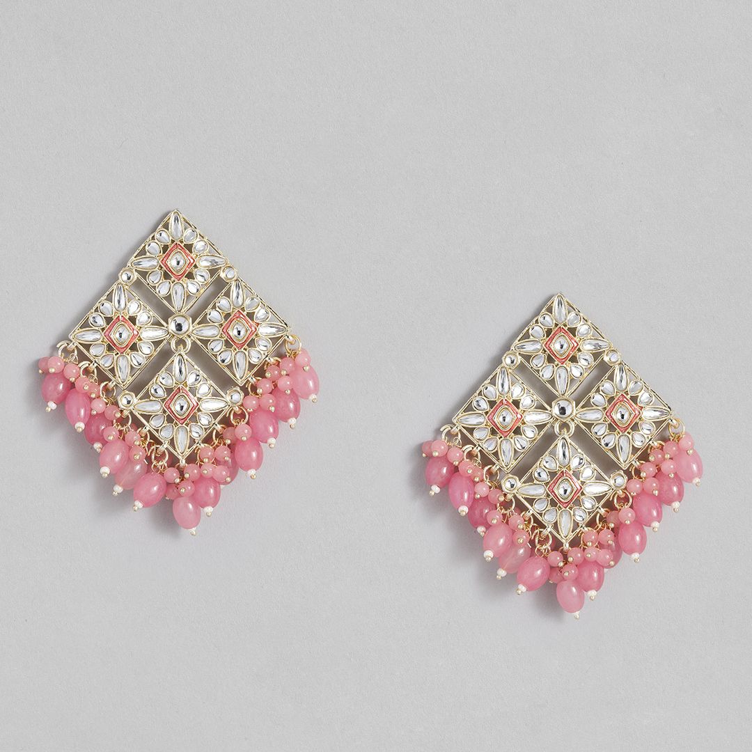 Pink & Gold-Toned Contemporary Drop Earrings