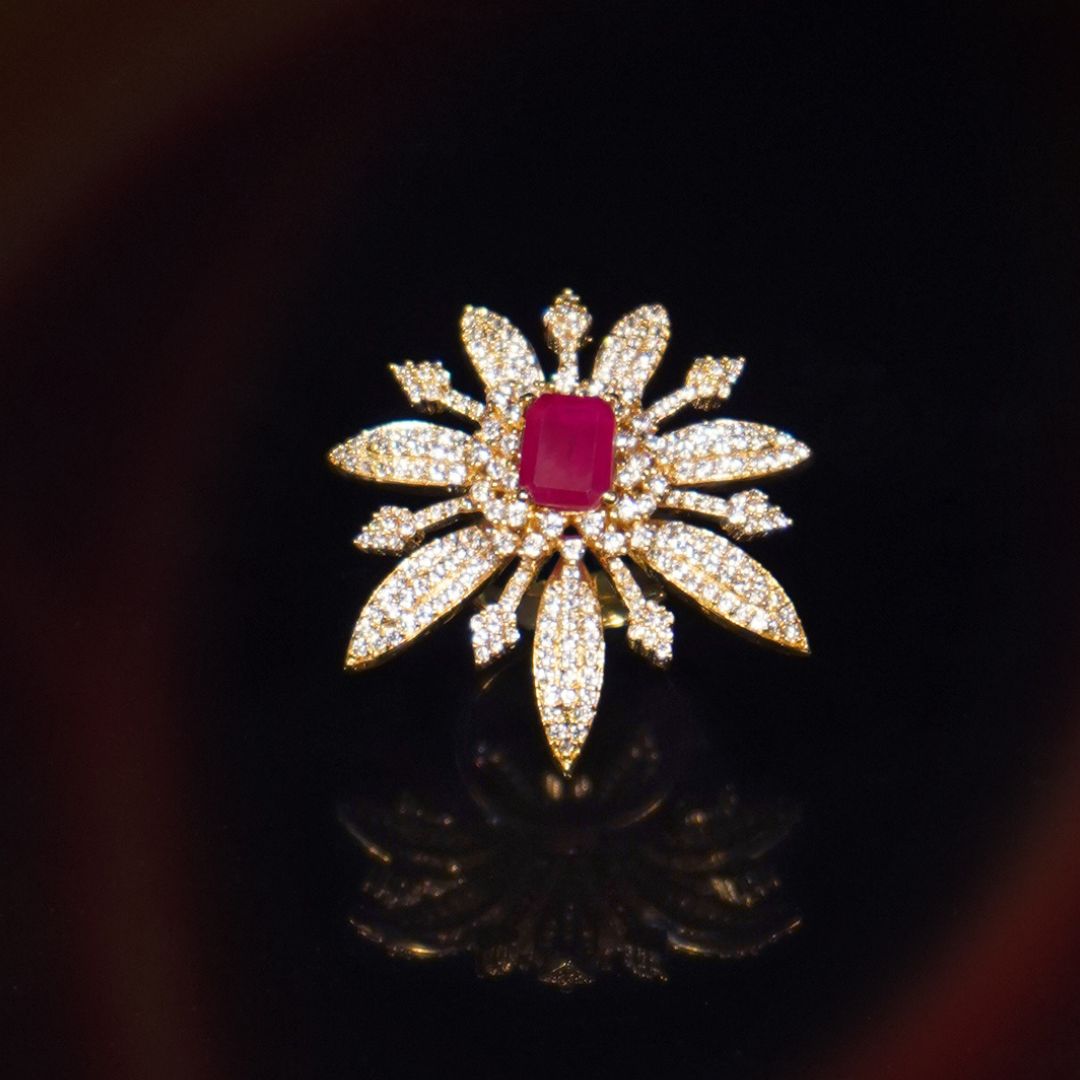 LAIDA Laida Gold-Plated & Maroon Handcrafted American Diamond Studded Floral Ring