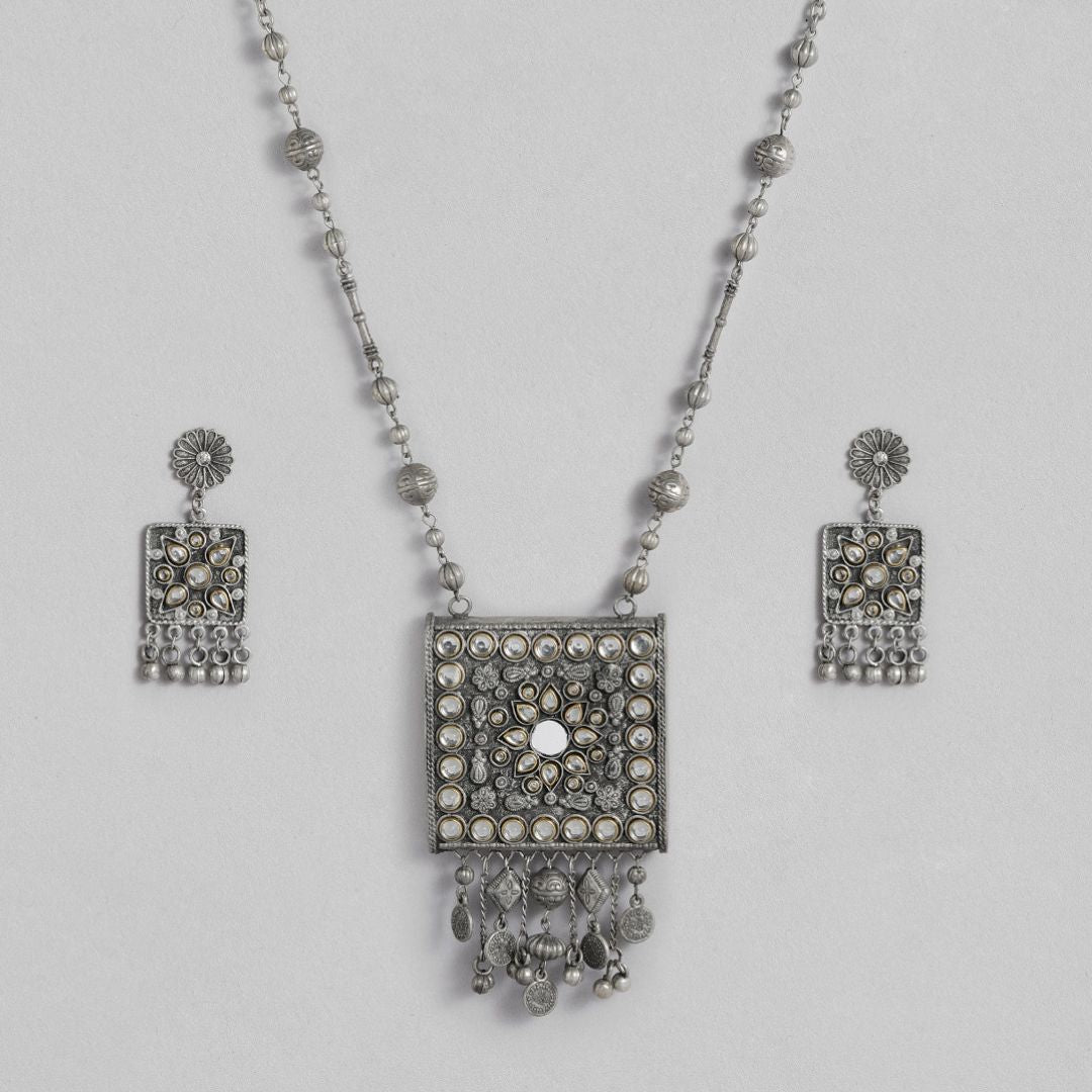 Laida Women Rhodium-Plated Oxidised Artificial Stones & Beads-Studded Jewellery Set