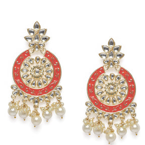 Coral Gold-Plated Kundan-Studded Circular Drop Earrings