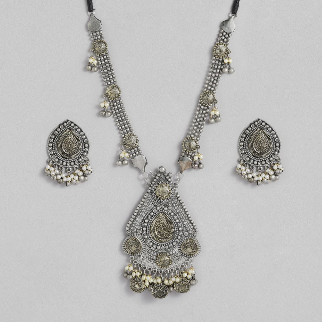 Laida Women Silver-Plated Oxidised Artificial Stones & Beads-Studded Jewellery Set