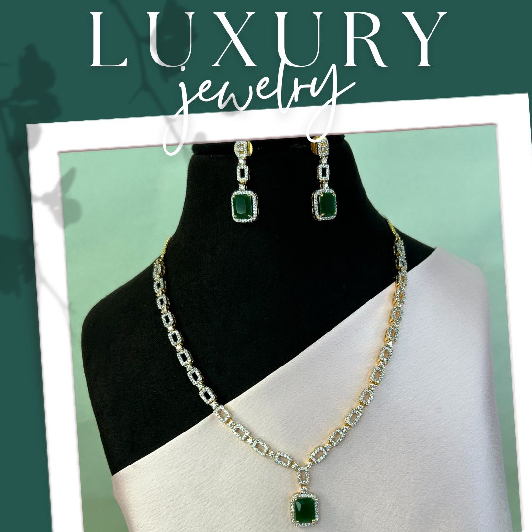 Alani Emerald Green  American Diamond Necklace Set