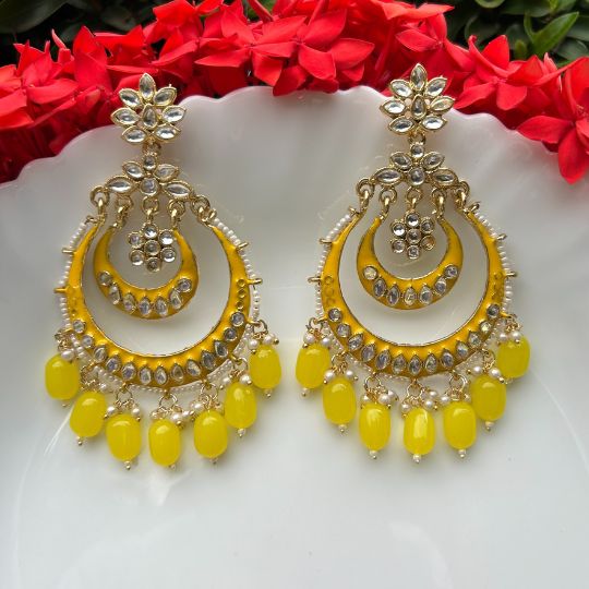 Yellow Gold-Plated Kundan Studded Handcrafted Crescent Shaped Chandbalis