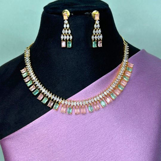 Zonia Mint Green Pink American Diamond Necklace Set