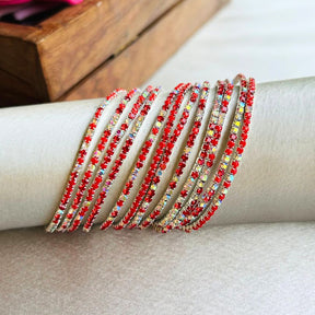 Stretchable Red Multi Silver Plated Bracelet- Pack Of 12