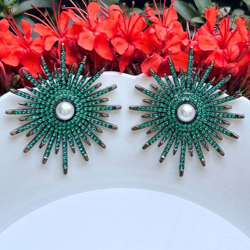 Round Green Rhodium Plated Earrings