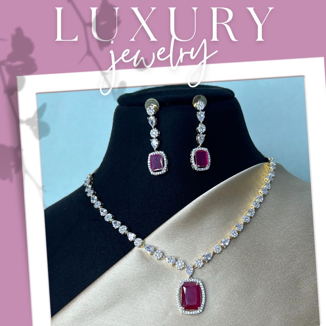 Evelyn Ruby Pendant Drop Necklace Set