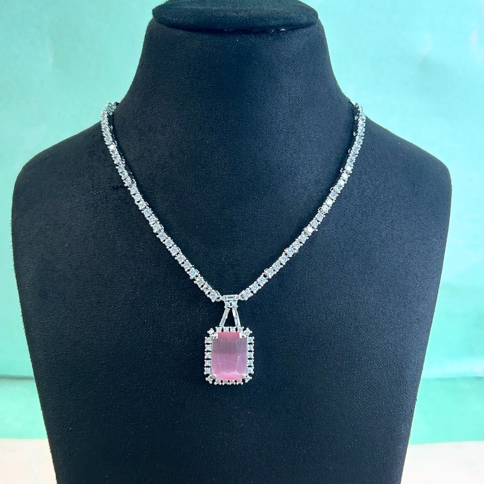 Pink Square Pendant Necklace Set