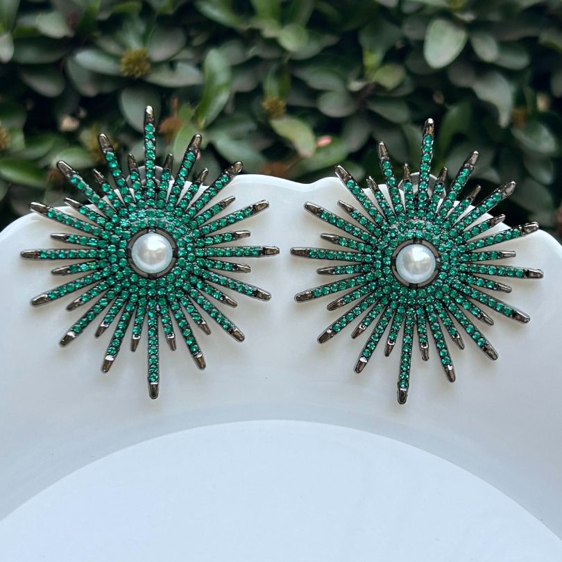 Round Green Rhodium Plated Earrings