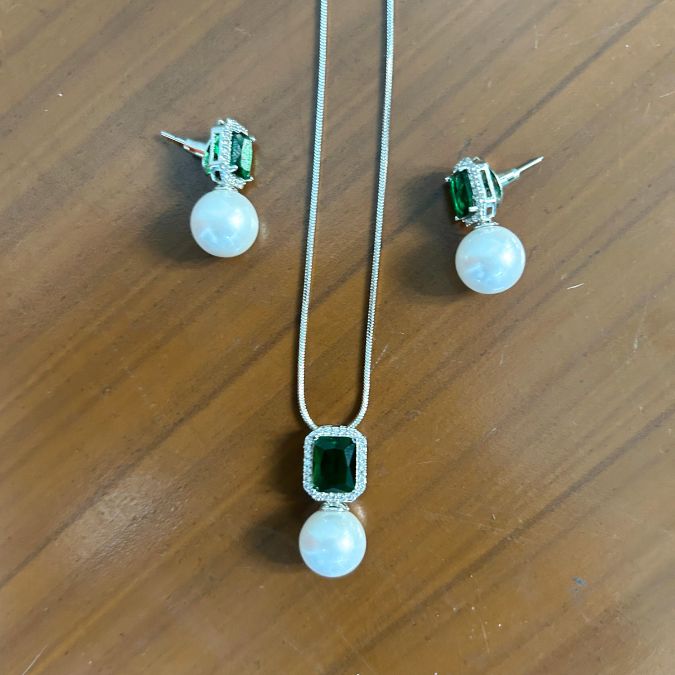 Sage Pearl American Diamond Pendant Set