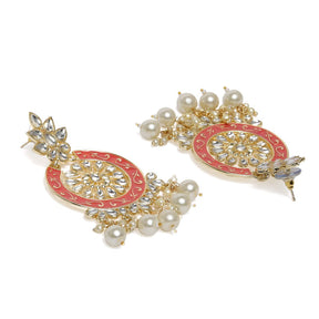 Coral Gold-Plated Kundan-Studded Circular Drop Earrings