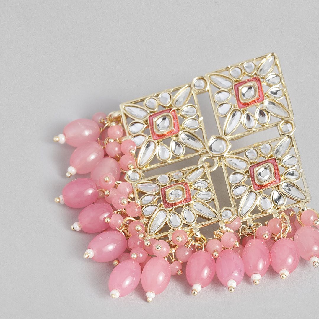 Pink & Gold-Toned Contemporary Drop Earrings