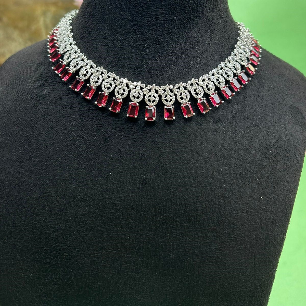 Mila CZ Red Designer Necklace Set