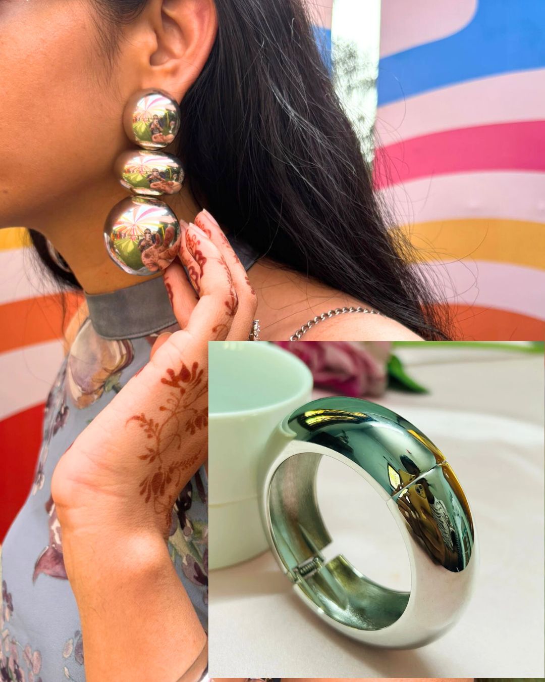Bebo Set - Chunky Silver Metallic Statement Earrings and Handcuffs
