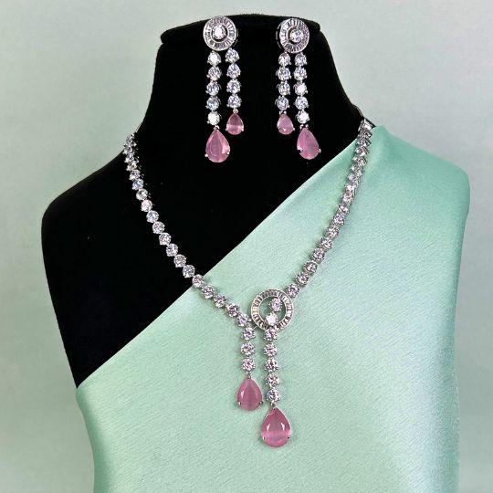 Veronica Pink American Diamond Necklace Set