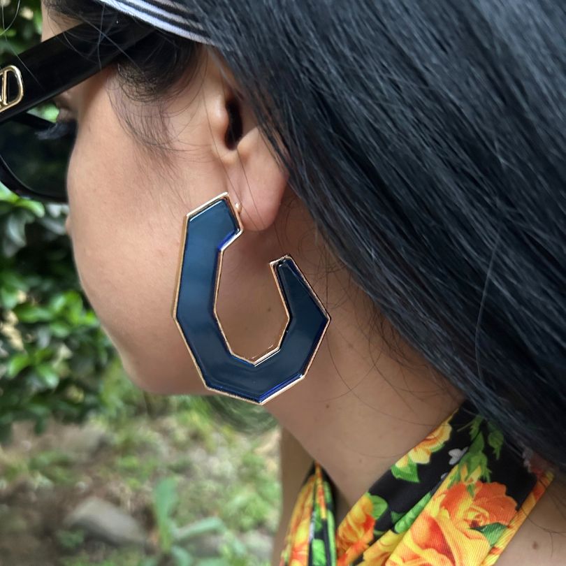 Enamel Blue Structured Hoop Earrings