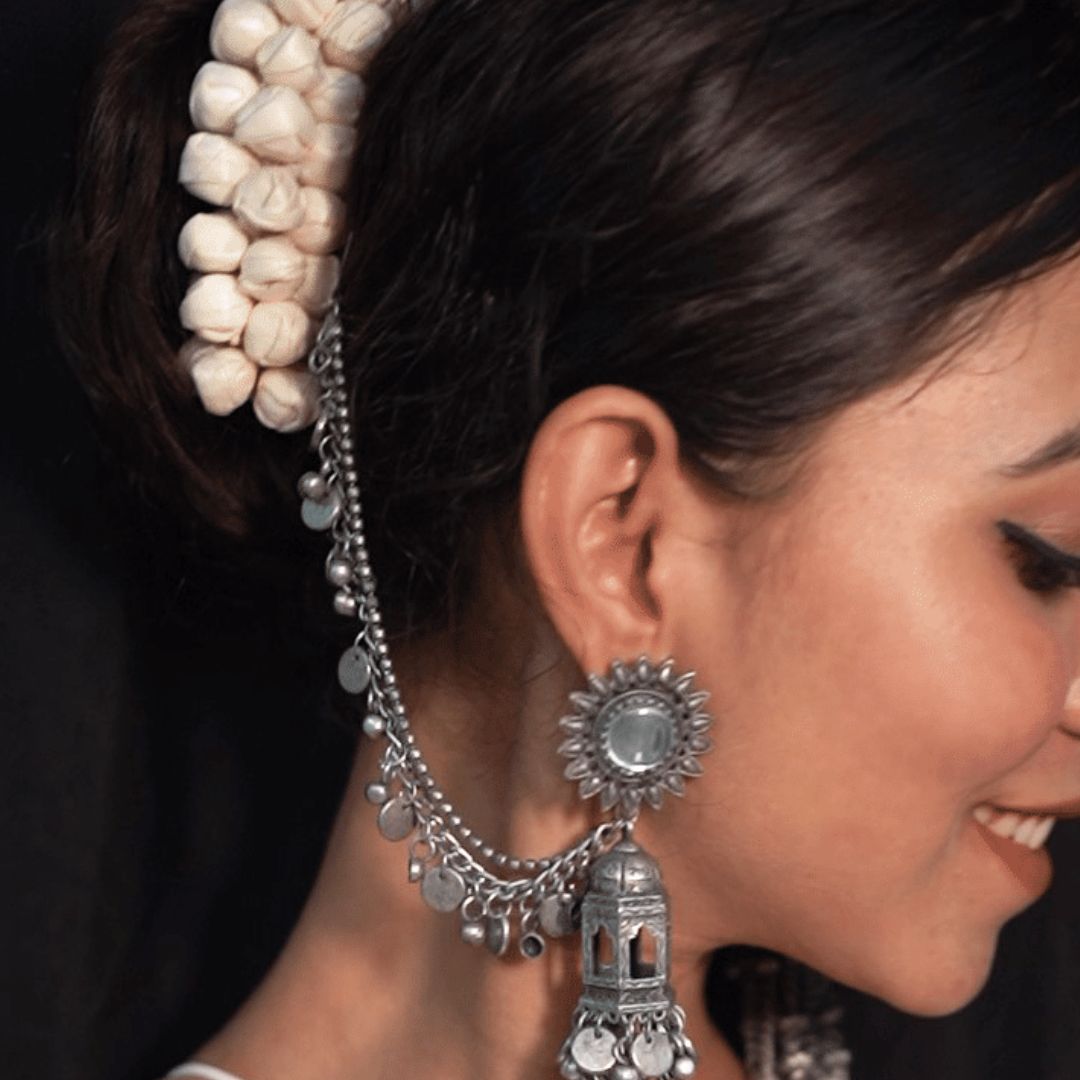 Buy Bevy Pearls Oxidized Silver Bahubali Earrings with Hair Chain Jhumka  and Pearl Jhumki Traditional Earrings for Women Stylish Earrings For Girls  at Amazon.in