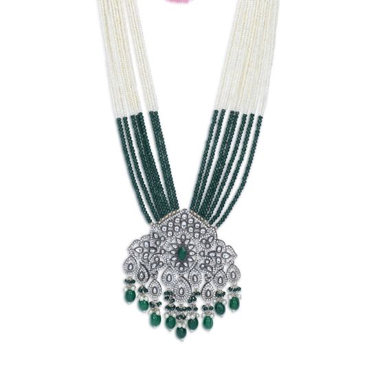 Rhodium Plated AD Emerald Rani Haar Set