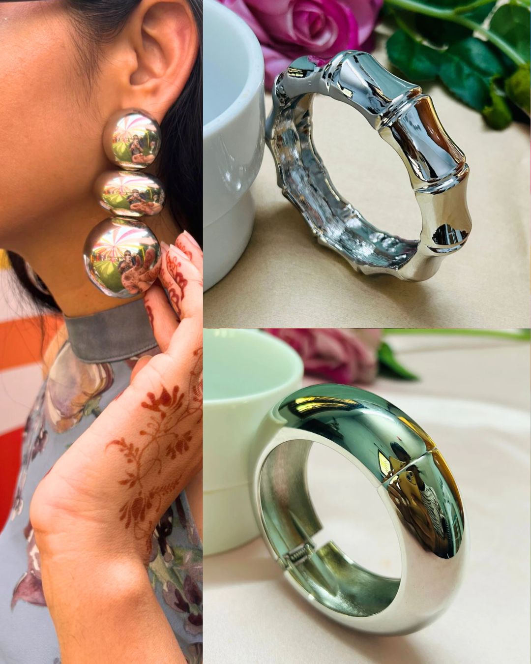 Bebo Set - Chunky Silver Metallic Statement Earrings and Handcuffs