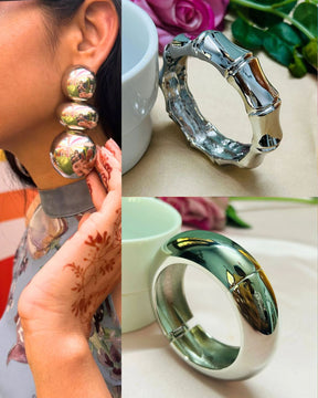 Bebo Set - Chunky Silver Metallic Statement Earrings and Handcuffs