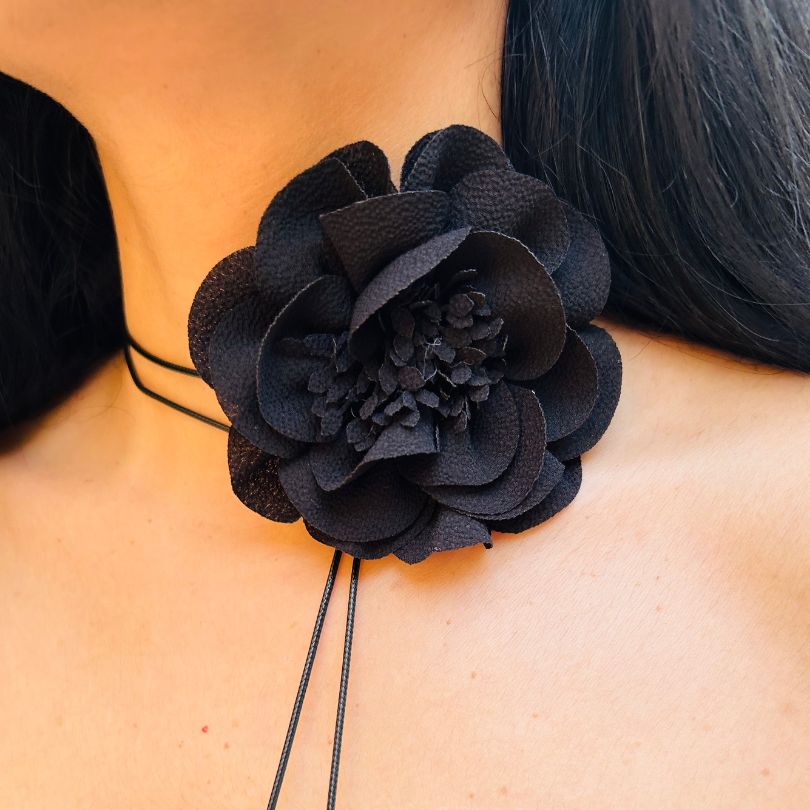 Black Fabric Flower Choker