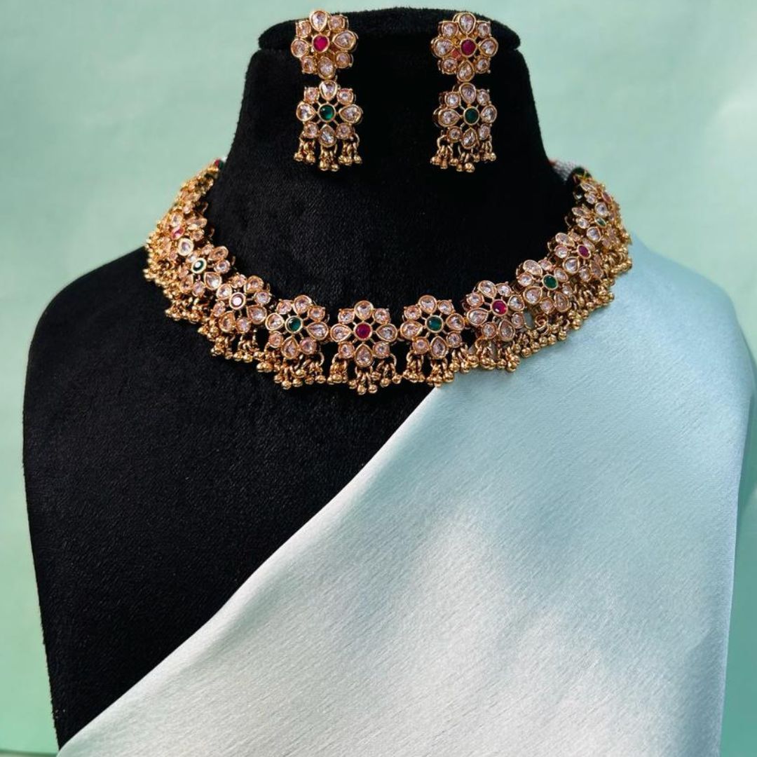 Leela Ruby Emerald Polki Necklace Set