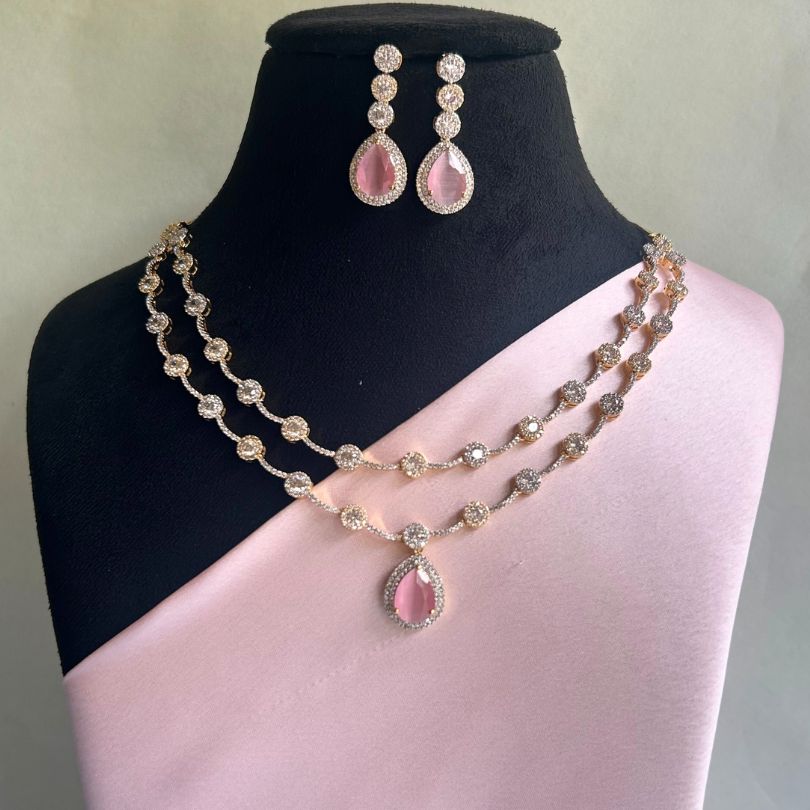 Dorothy Two-layered Pink American Diamond Necklace set