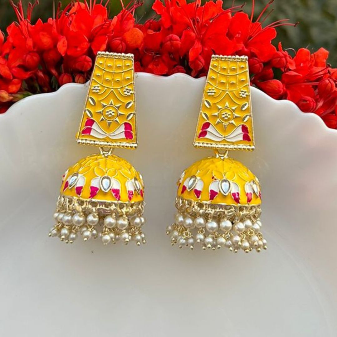 Laida Yellow Gold-Plated Enamelled Dome Shaped Jhumkas