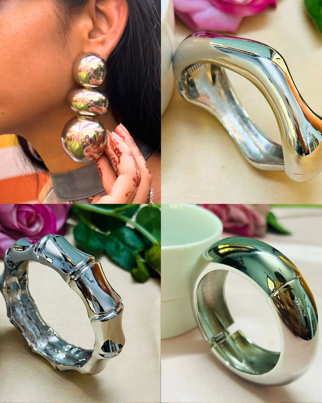Bebo Set - Chunky Silver Metallic Statement Earrings and Handcuffs