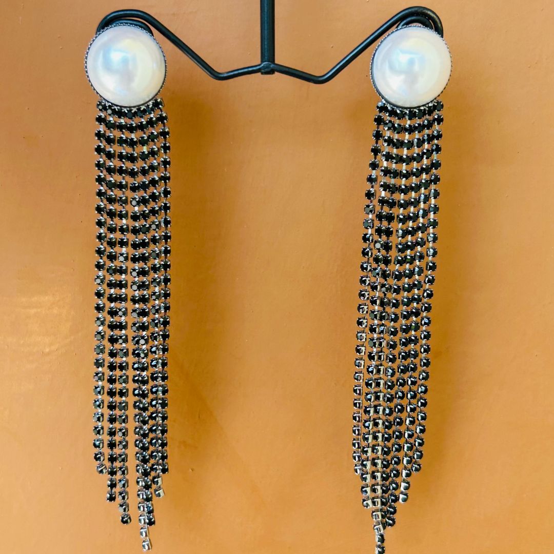 Pearl Black American Diamond Chandelier Earrings