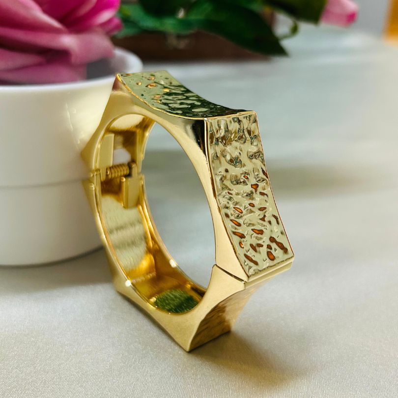 Hexagon Rough Narrow Golden Openable Kada/Cuff