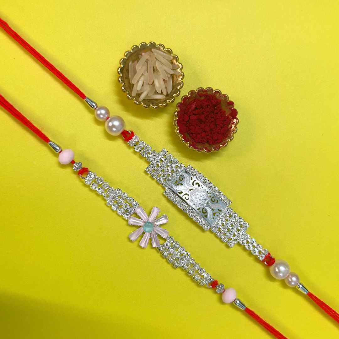 Set of 2 Rakhis - Flower and Om American Diamond Rakhis