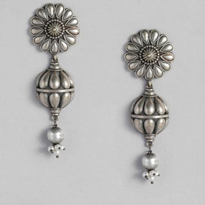 Silver-Plated Oxidised Floral Drop Earrings