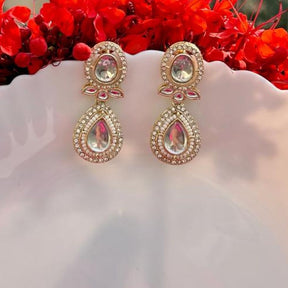 Gold-Plated Artificial Stones-Studded Teardrop Shaped Drop Earrings