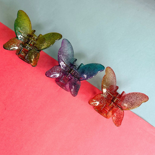 LAIDA Set of 3 Butterfly sparkle Ombre shaded Claw Clips - Green, Blue & Gold