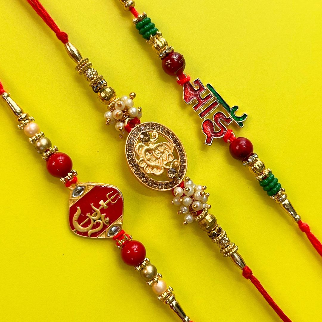 Set of 3 Rakhis - Ganesh , Bhai and Trishul Rakhis