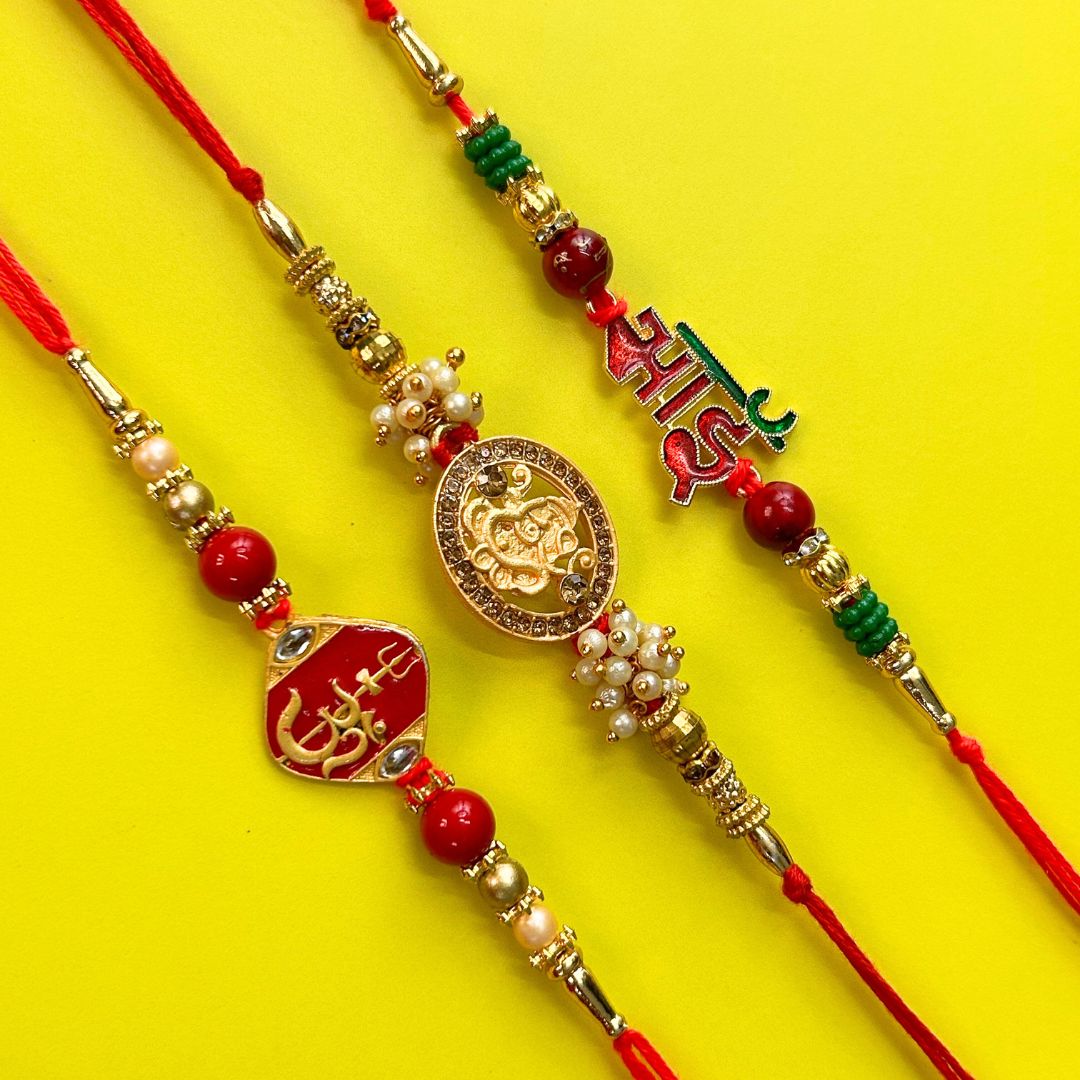 Set of 3 Rakhis - Ganesh , Bhai and Trishul Rakhis