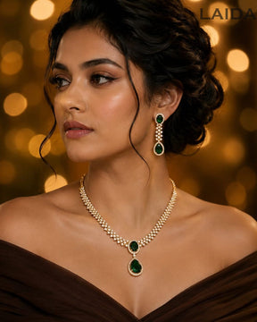 Hynaa Emerald Green 18K Gold Plated American Diamond Necklace Set
