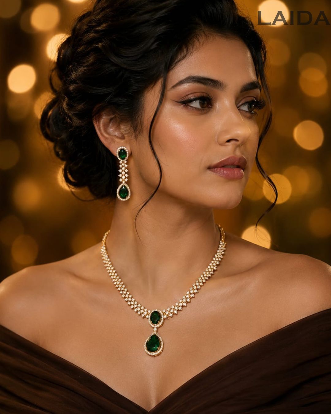 Hynaa Emerald Green 18K Gold Plated American Diamond Necklace Set