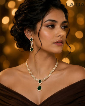 Hynaa Emerald Green 18K Gold Plated American Diamond Necklace Set