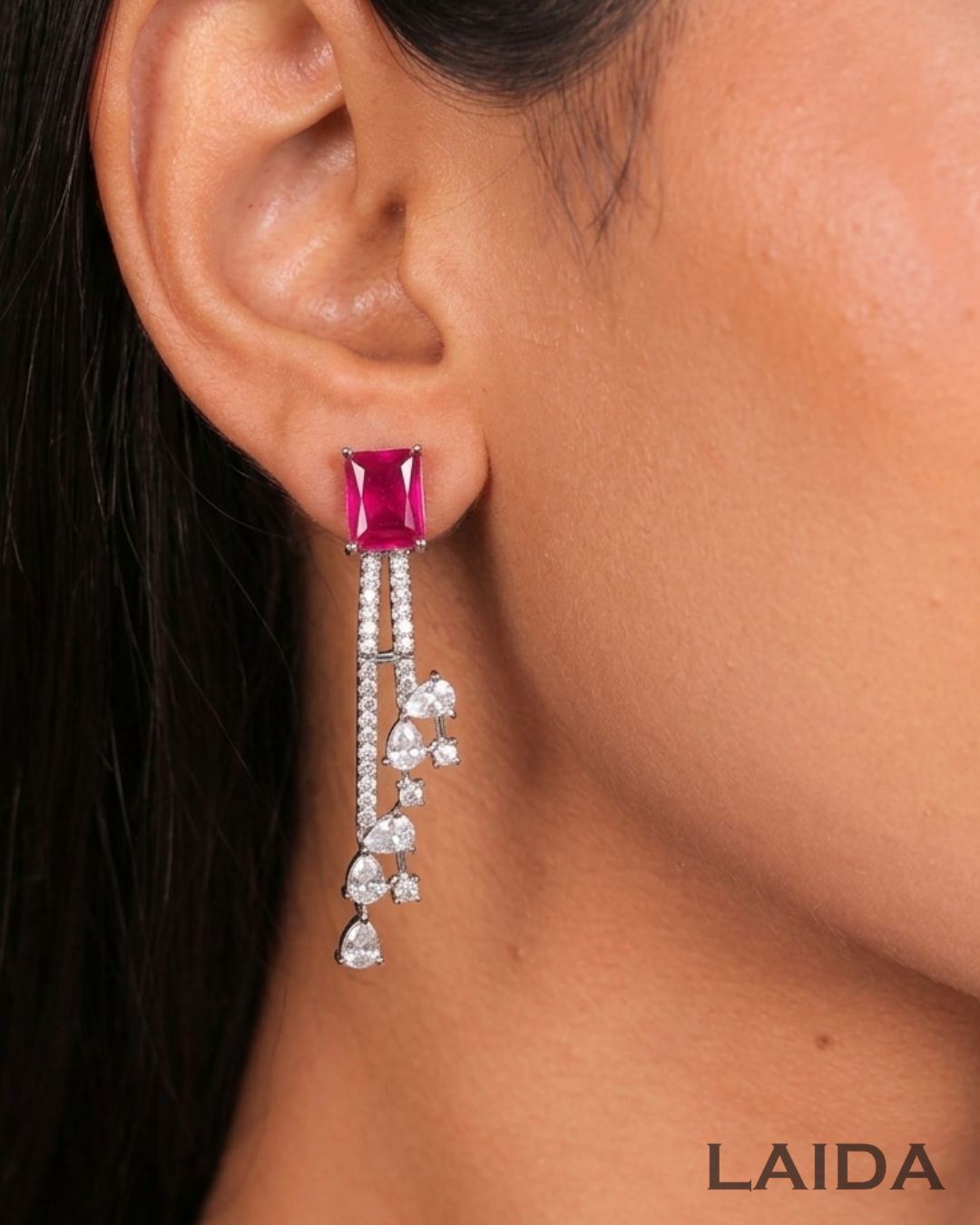 Sabrina Ruby Silver Statement American Diamond Necklace Set