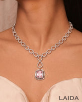 Amaia Pink Silver Statement American Diamond Necklace Set