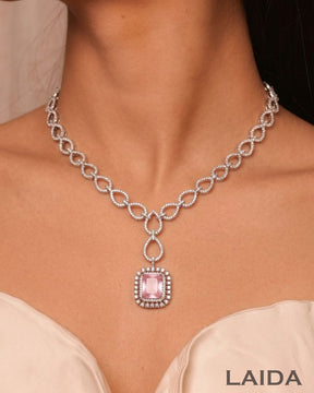 Amaia Pink Silver Statement American Diamond Necklace Set
