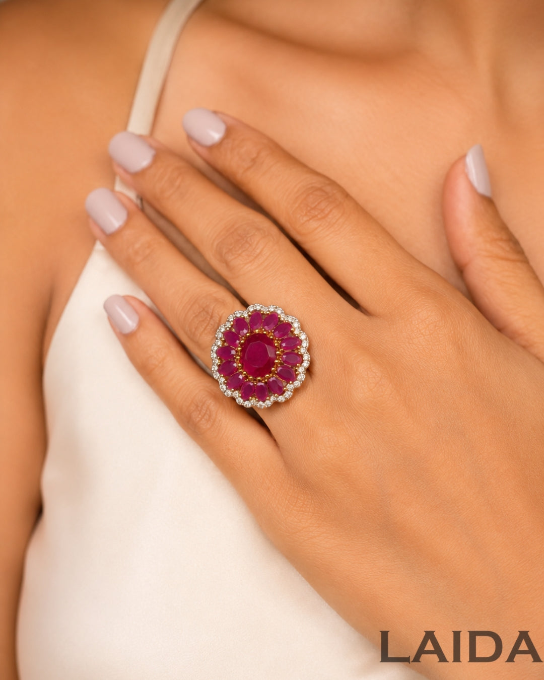Flora Ruby American Diamond Finger- Ring