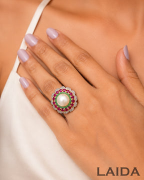 Multi Pearl Studded American Diamond Finger- Ring