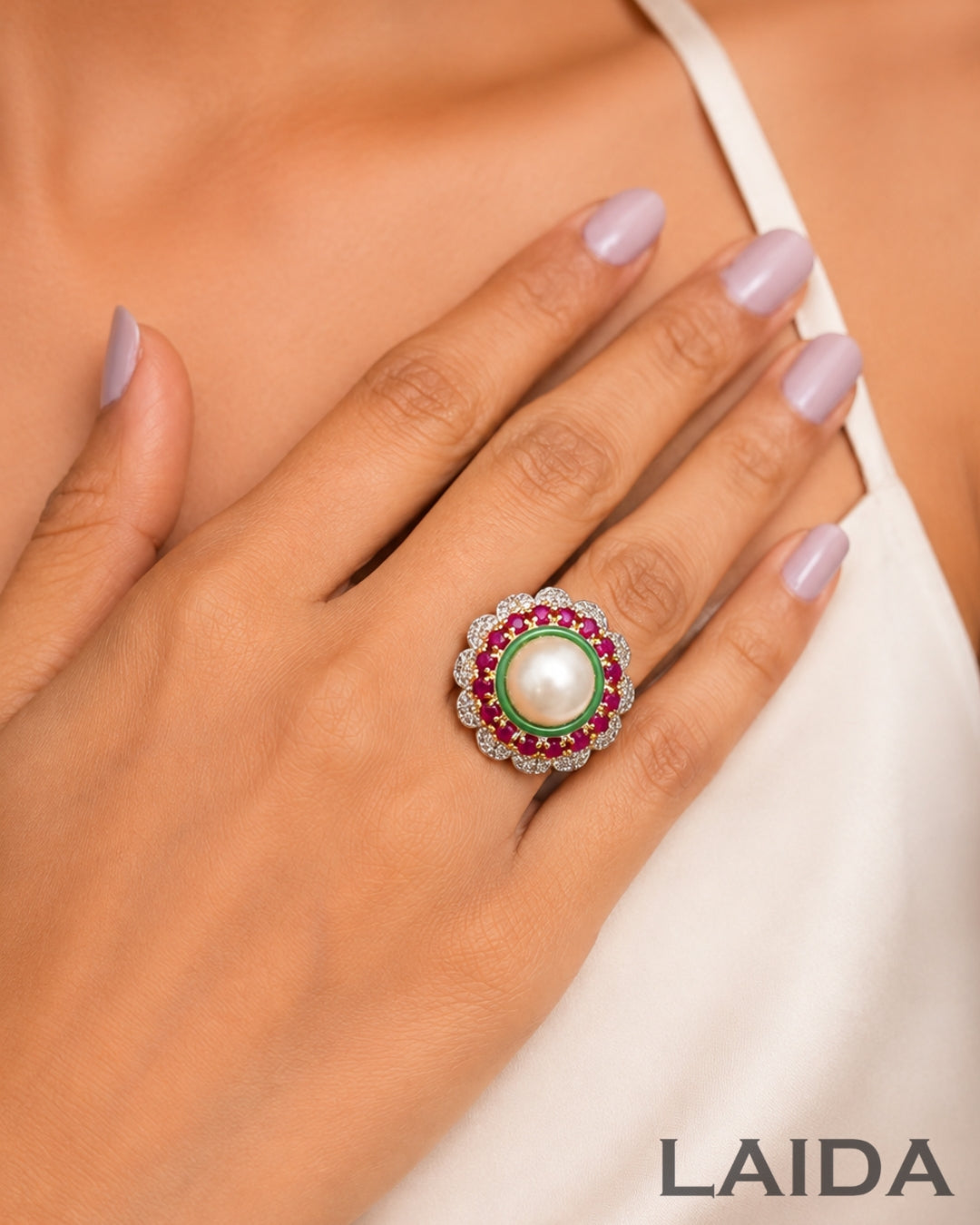 Multi Pearl Studded American Diamond Finger- Ring