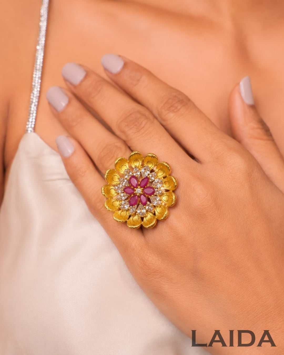 Ruby Flower American Diamond Adjustable Finger- Ring