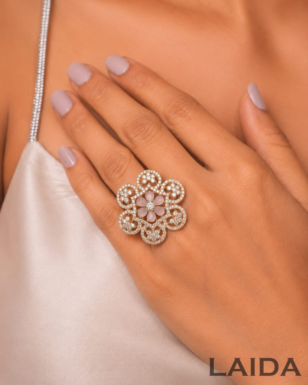 Pink Flower American Diamond Adjustable Finger- Ring
